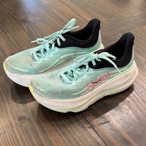 Hoka Mint Green Running Shoes with Pink Logo Accents